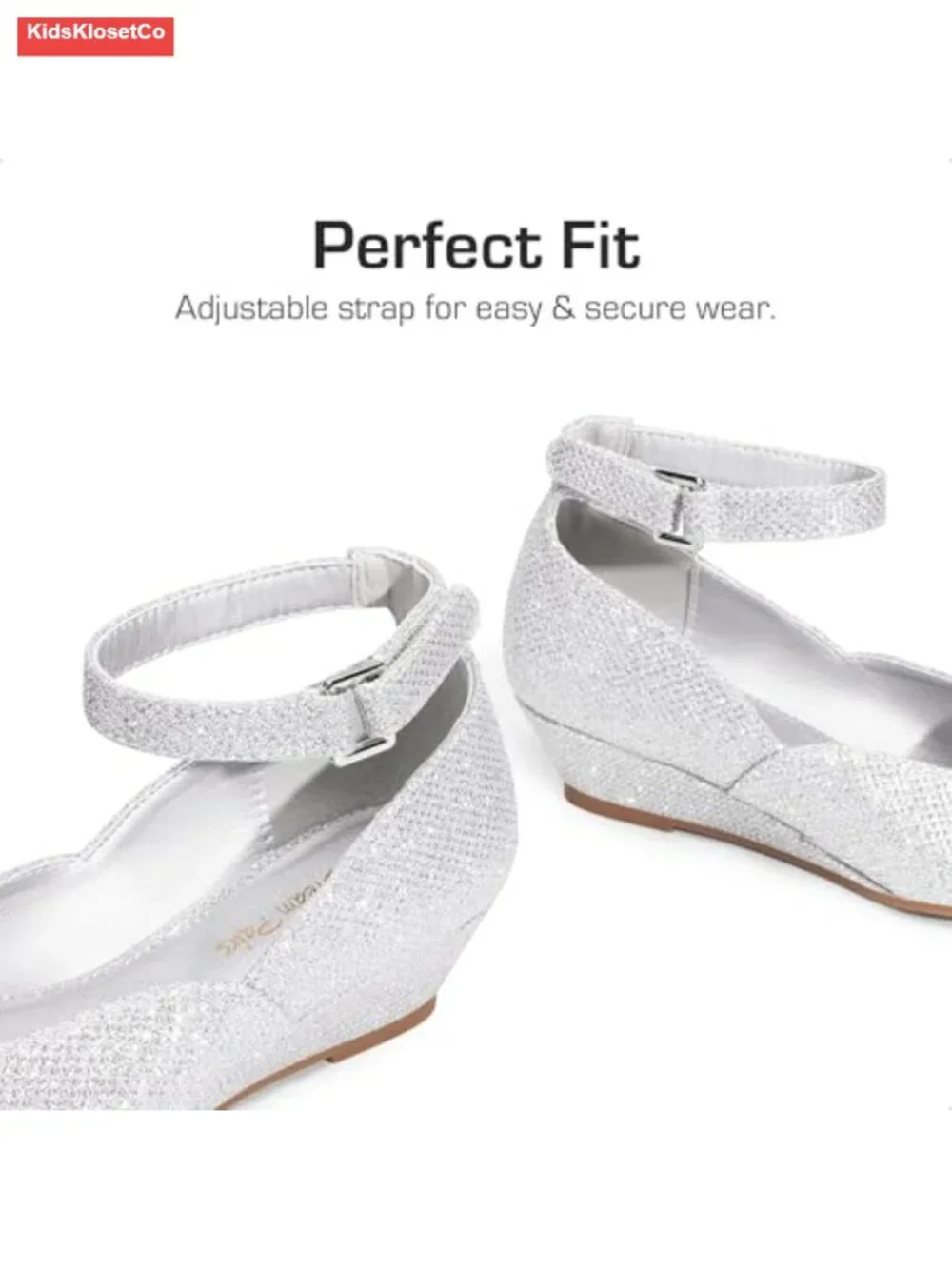 Girls Dress Shoes Low Wedge Heels Ankle Strap Sparkle Flower Party Pumps